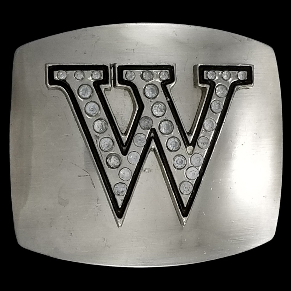 Silver Tone Rhinestone Letter W Initial‎ Belt Buckle Fashion Accessory